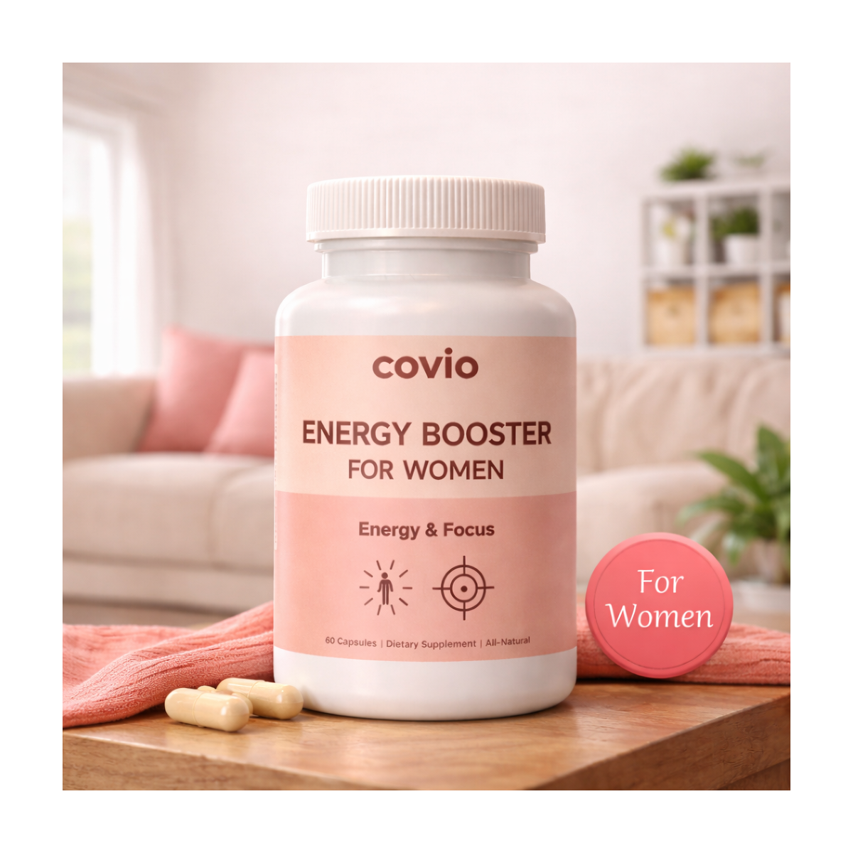 Energy Booster and Focus for Women - 60 Capsules with B Vitamins - Caffeine for Energy Focus and Stress Reduction