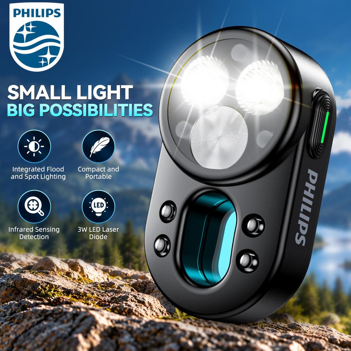 PHILIPS Rechargeable Inspection Flashlight with Motion Alarm & Optical Lens Finder, 3W LED Outdoor Camping Flashlight, Strobe SOS, Type-C, EDC Pocket Light for Hiking Travel & Personal Security
