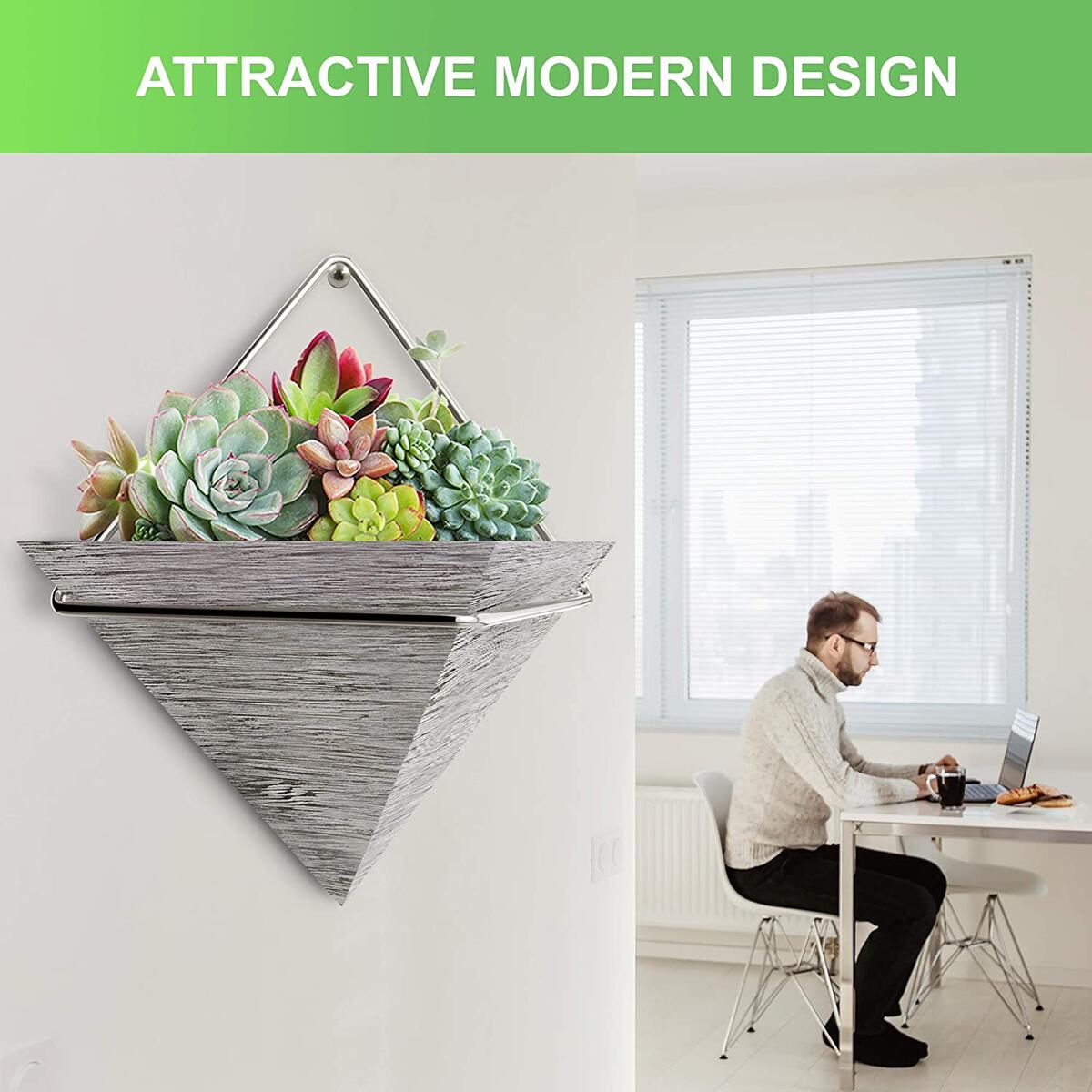 Plant Holder-Home Decor Rustic Wood 2 Wall Hanging Planter Triangle Pot
