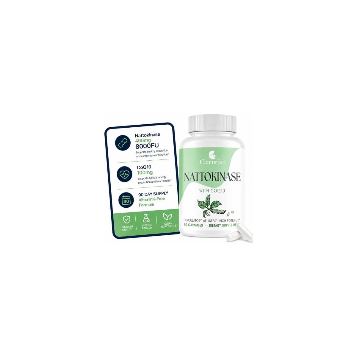 Nattokinase Supplement &ndash; Vitamin K2 Free | Nattokinase 8000 FU and CoQ10 100mg for Heart* & Circulation | 400mg Natto Enzyme, 8000 FU per Serving, 90 Capsules (90 Day Supply)