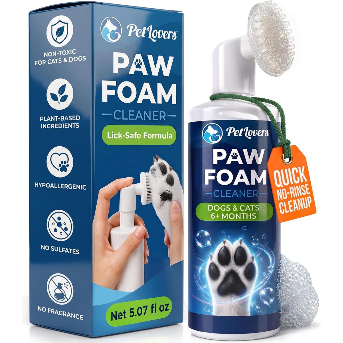 PetLovers Dog Paw Cleaner for Dogs & Cats - No-Rinse Lick-Safe Foaming Wash with Silicone Brush, Hypoallergenic, Plant-Based, Fragrance-Free Paw Washer, 5.07 fl oz (150ml)