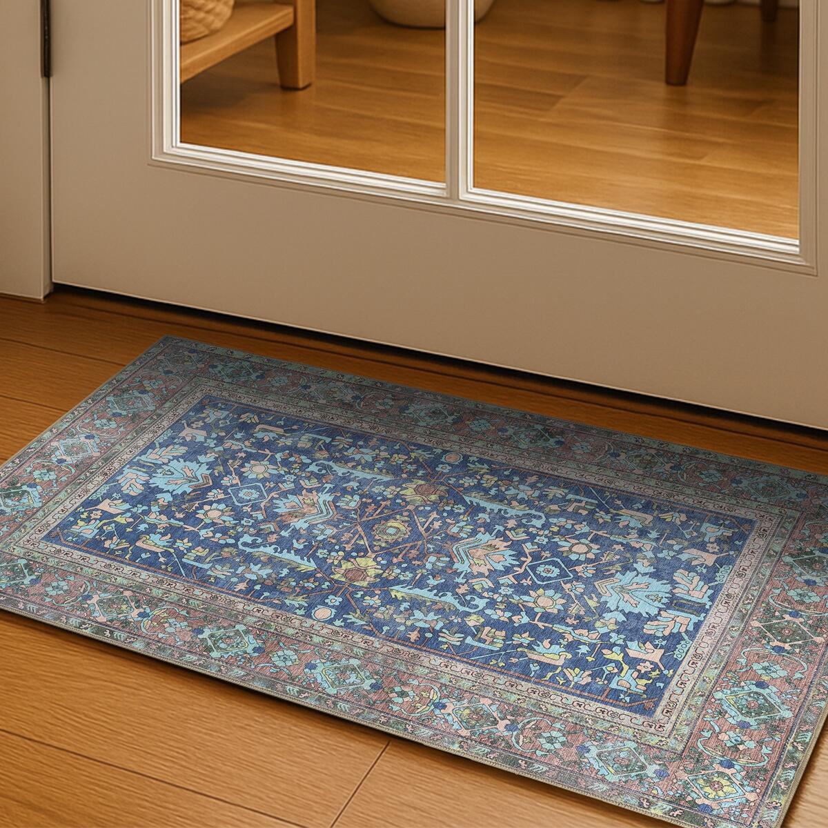 2x3 Vintage Turkish Oushak Area Rug Navy Blue Washable Non Slip Low Pile Doormat