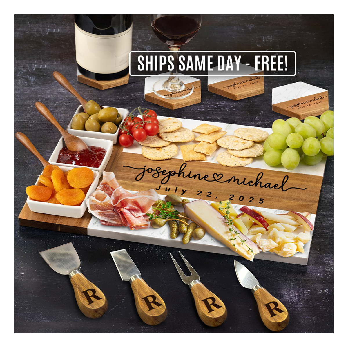 Personalized Charcuterie Board Couple Gift, Custom Marble Wood Cheese Board Bridal Shower Engagement Valentines Day Anniversary Gift for Her