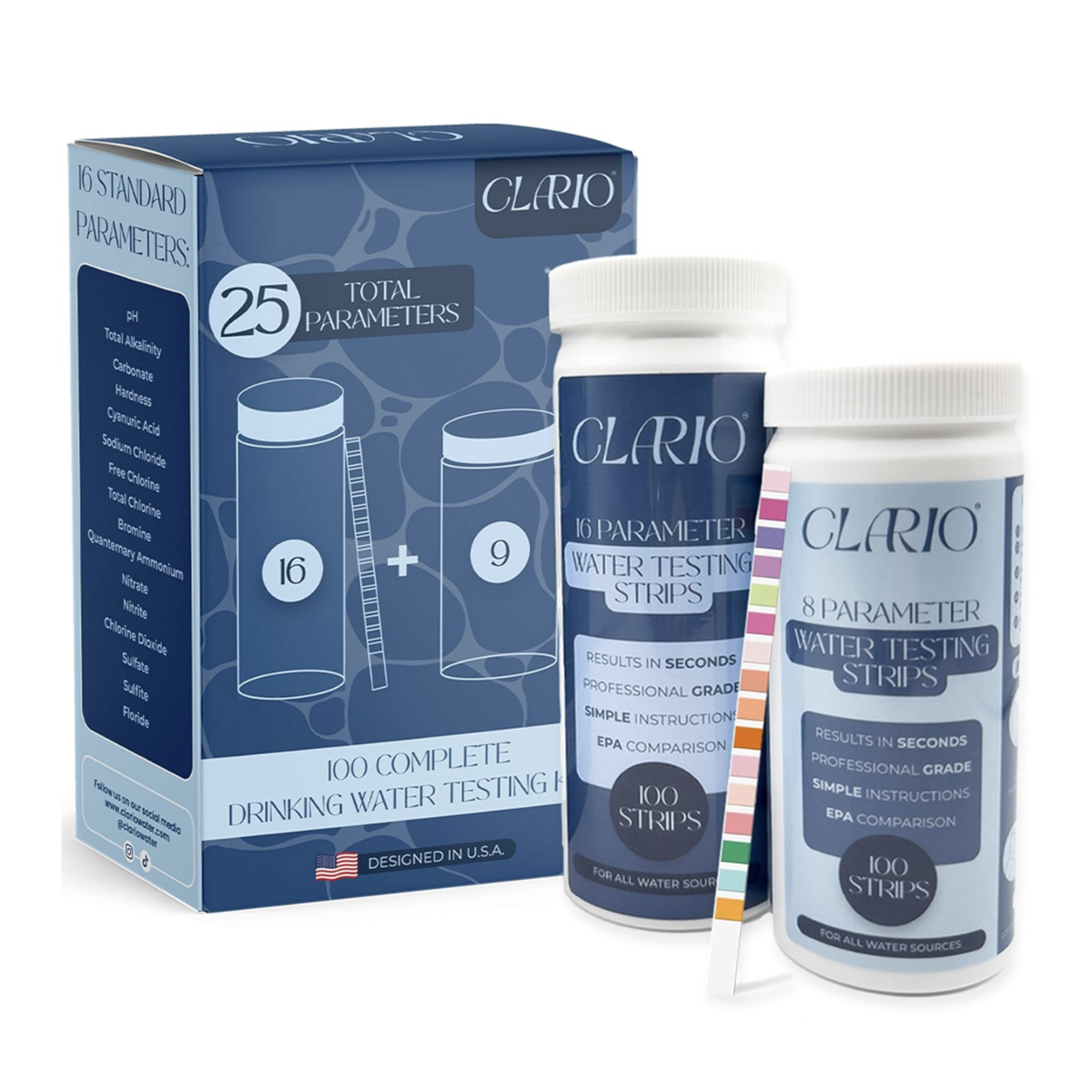 Clario - 25 in 1 Water Tester for Drinking Water - Water Hardness Test Kit for Aquarium, Well, Pool, and Hot Tub - 100 Complete Drinking Water Test Kit - Detects Lead, Chlorine, pH, Hardness and More