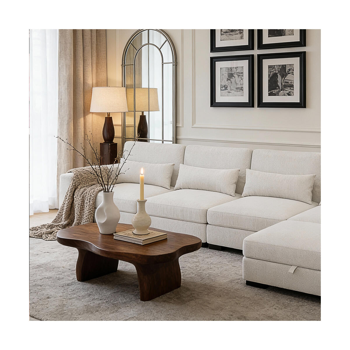 130'' modular 4 seater sofa with removable footstool, USB charging port, 4 Lumbar Pillows，Livingroom Furniture Set