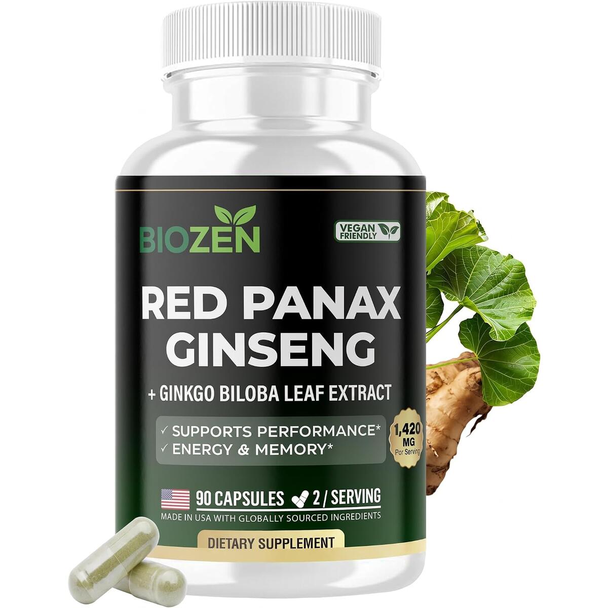 Korean Red Panax Ginseng + Ginkgo Biloba 1420mg | 7% Ginsenosides | Energy, Focus, Memory & Immune Support | Adaptogen Stress Relief for Men & Women | 90 Vegan Capsules | Non-GMO, GMP Certified