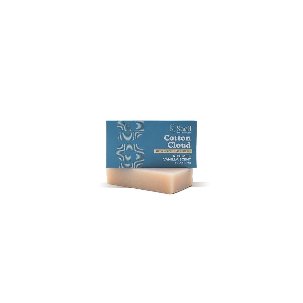 SaaH Cotton Cloud Soap Bar - Rice Milk & Vanilla Scent | Gentle Moisturizing Cold Process Soap for Sensitive Skin | Natural Thai Spa Soap (5 oz)