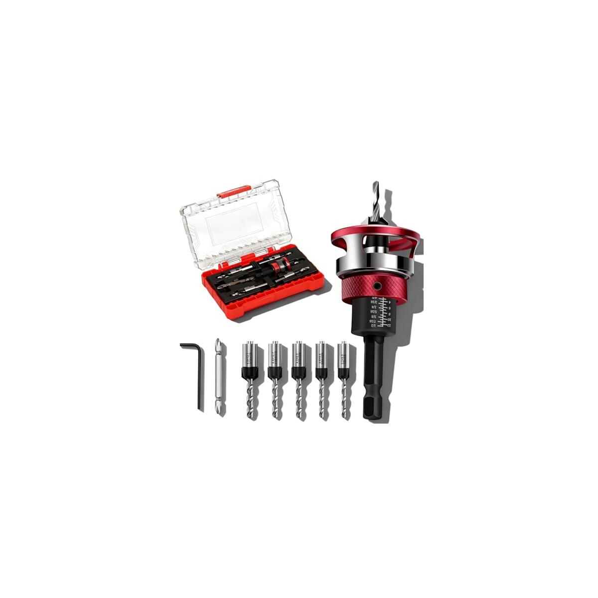 7-Piece Countersink Drill Bit Set with Aluminum Alloy Stop Collar, Screwdriver Bit & HSS M2 Tapered Bits, 1/4" Hex Shank Drilling Kit for Woodworking