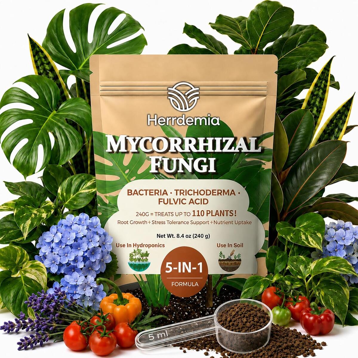 Organic Plant Food Indoor House Plants, Mycorrhizal Fungi with Trichoderma & Bacillus Subtilis, Natural Houseplant Fertilizer for Hydrangea, Rose, Plumeria, Christmas Cactus, Monstera, 8 OZ