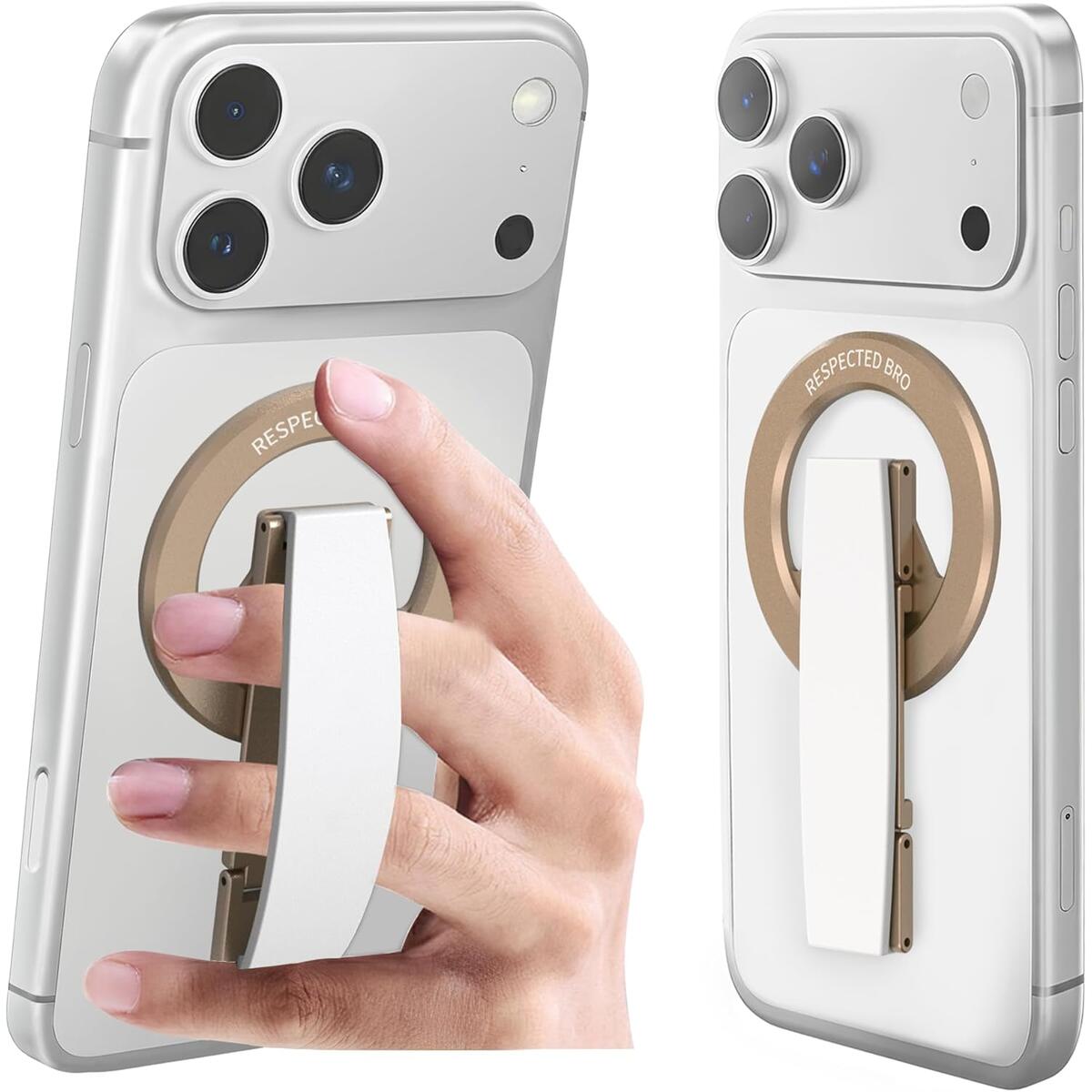 RESPECTED-BRO-Magnetic-Phone-Grip-Stand, Magnetic Phone Ring Holder Kickstand with Silicone Finger Strap, Compatibility for iPhone 17/16/15/14/13/12, Android, and More (White)