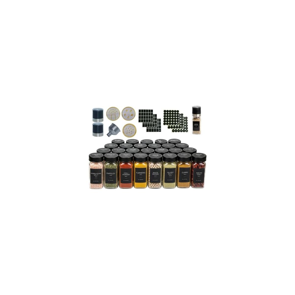 Glass Spice Jars with Label, Seasoning Jars; 26 PCS Black Steel Lids/Airtight Lids Keep Spice Fresh; Pepper Grinder Lid, 360 Labels, Funnel and Brush, Shaker Inserts; 4 oz Jar Set