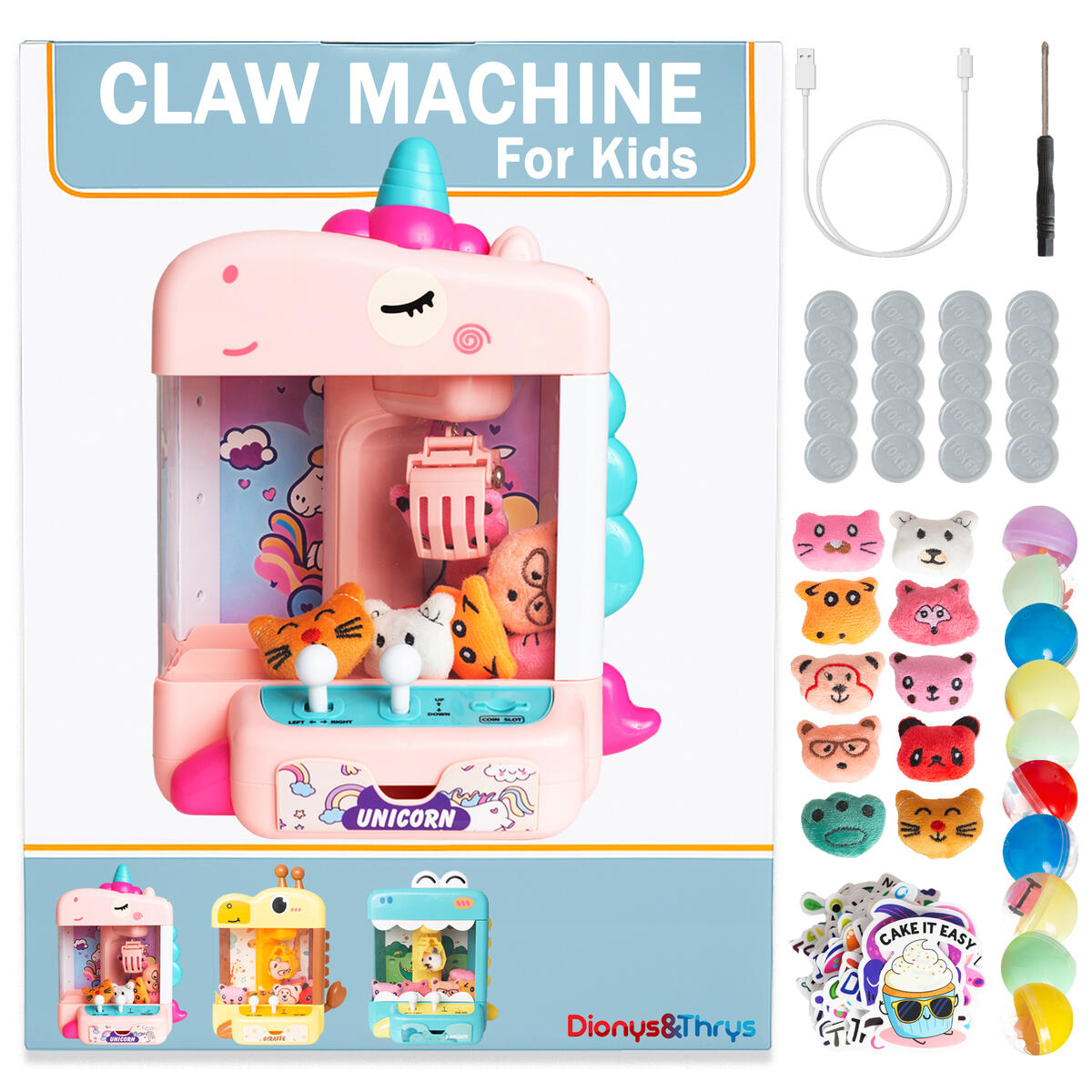 Claw Machine for Kids - Mini Arcade Game - Vending Machine - Candy Grabber Toys - Silent Mode, Lights, USB - Plush Toys & Easter Eggs, Surprise Stickers - Fun Gift for Kids, Boys & Girls