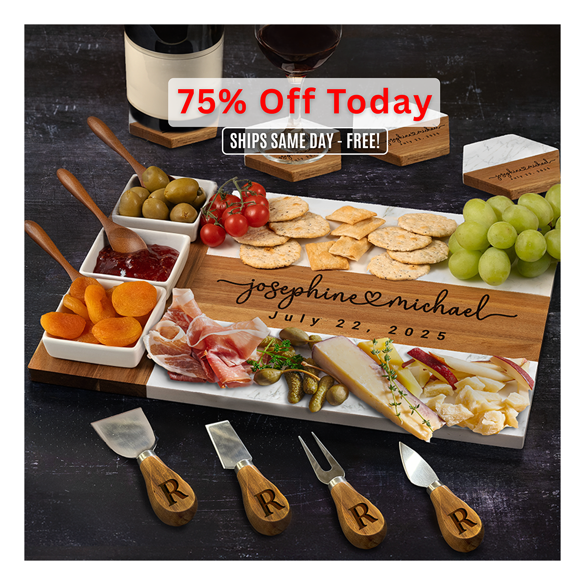 Personalized Charcuterie Board Couple Gift, Custom Marble Wood Cheese Board Bridal Shower Engagement Valentines Day Anniversary Gift for Her