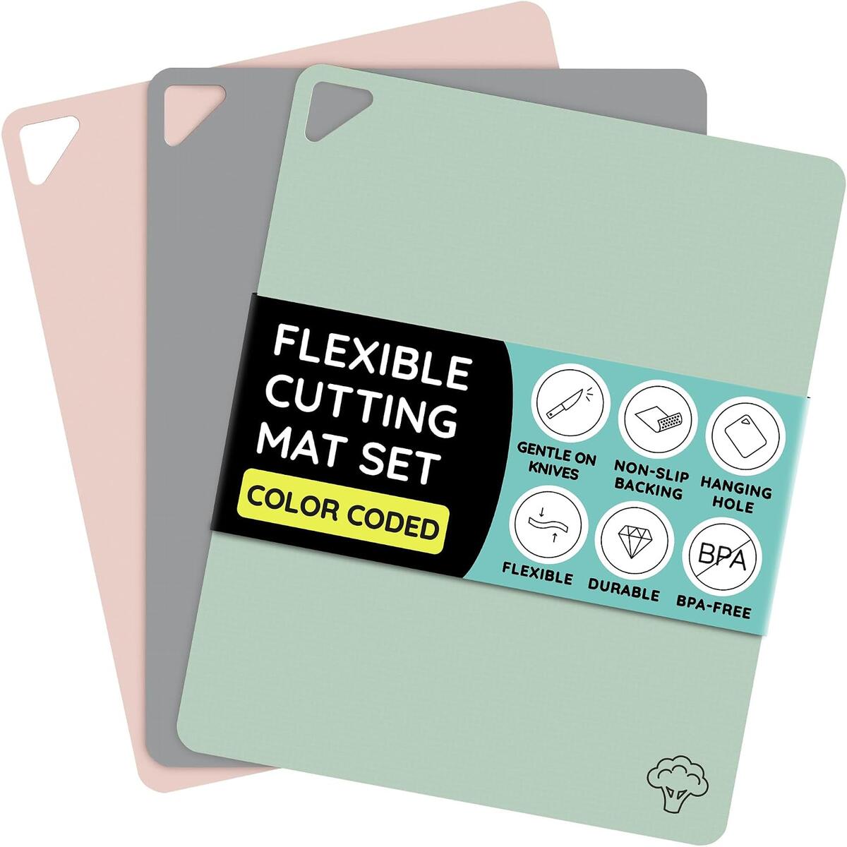 Flexible Plastic Cutting Board Set of 3 - Non-Slip, BPA-Free, Color-Coded Chopping Mats for Meat, Veggies & Fruit, 15" x 12", Hand Wash