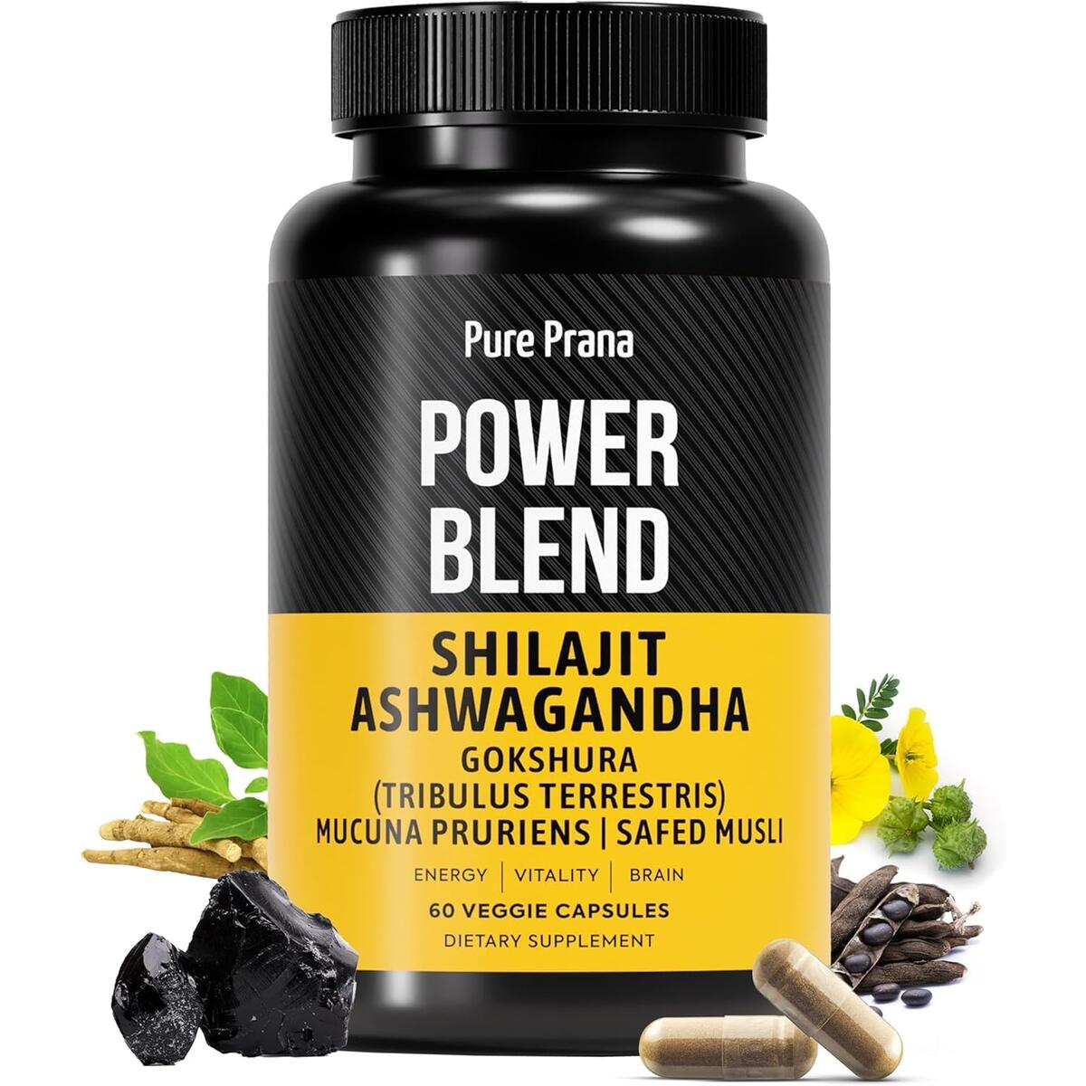 Pure Prana Shilajit Ashwagandha Capsules with Safed Musli & Gokshura for Men & Women &ndash; Herbal Energy Vitality Supplement with Tribulus & Mucuna &ndash; 60 Capsules (2.47 oz)