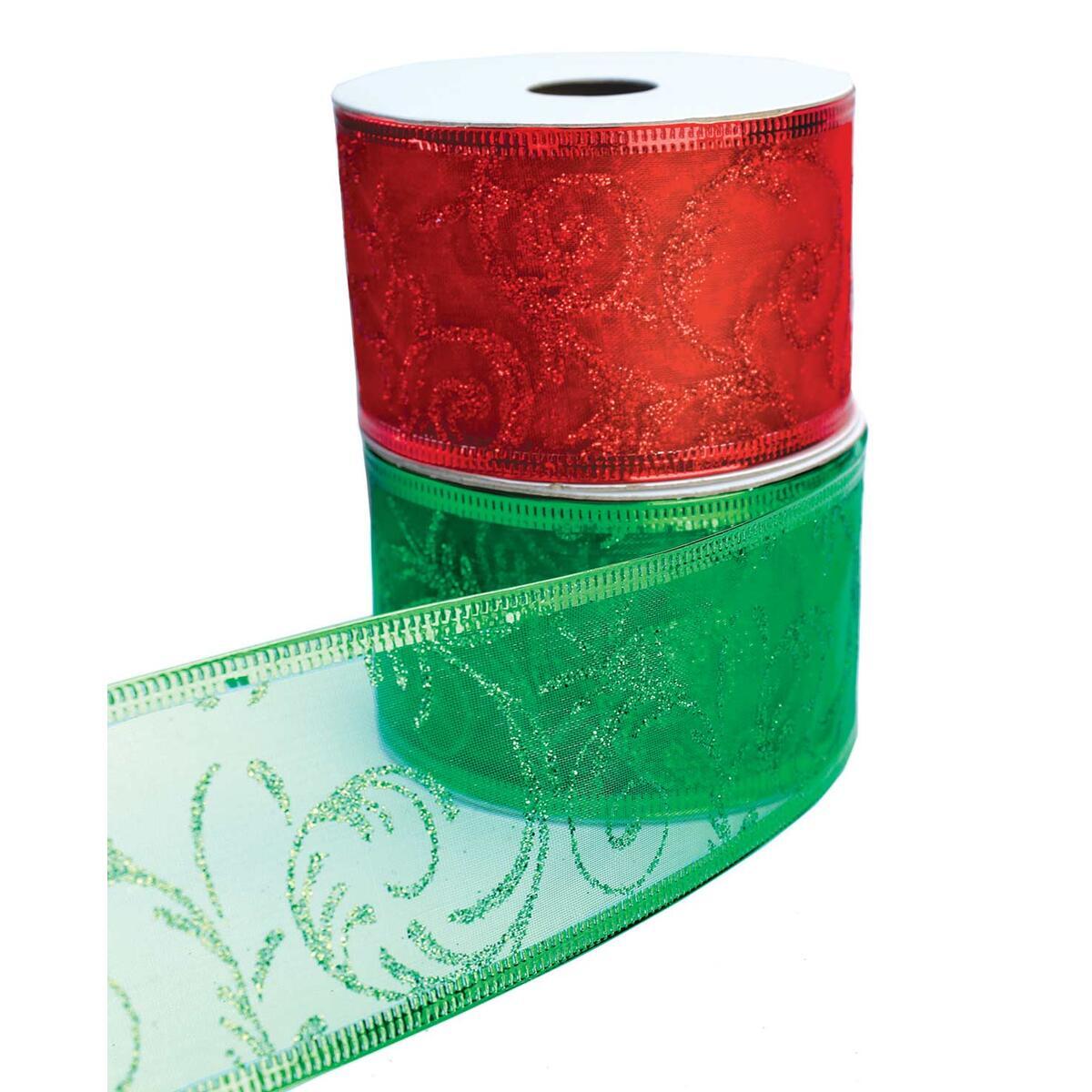 Christmas Ribbon for Gift Wrapping Red Wired Ribbons Green Sheer Wire Organza Set Present Wrap Around, Xmas Tree Decor Crafts Floral Arrangement Supplies & Decoration 30 Yards x 2 in Wide Each