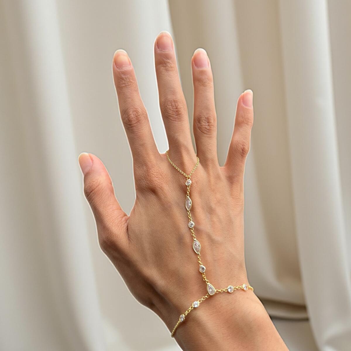 14K Gold Plated Hand Chain Bracelet in 925 Sterling Silver &ndash; Dainty Finger Bracelet with Cubic Zirconia