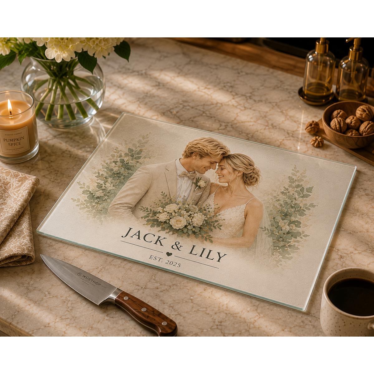 Personalized Wedding Glass Cutting Board, Custom Couple Portrait Gift, Wedding Photo Cutting Board, Anniversary Gift for Couple