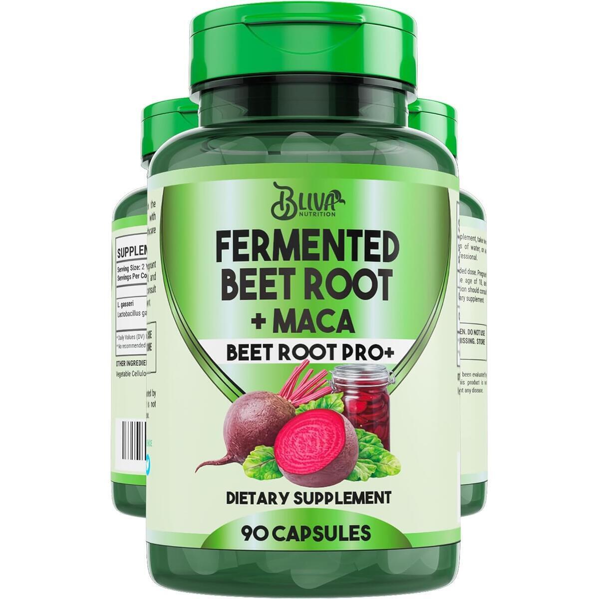 Organic Fermented Beet Root with Maca Capsules - 1200 mg - Healthy Energy , Blood Pressure & Circulation Support Supplement - 90 Capsules