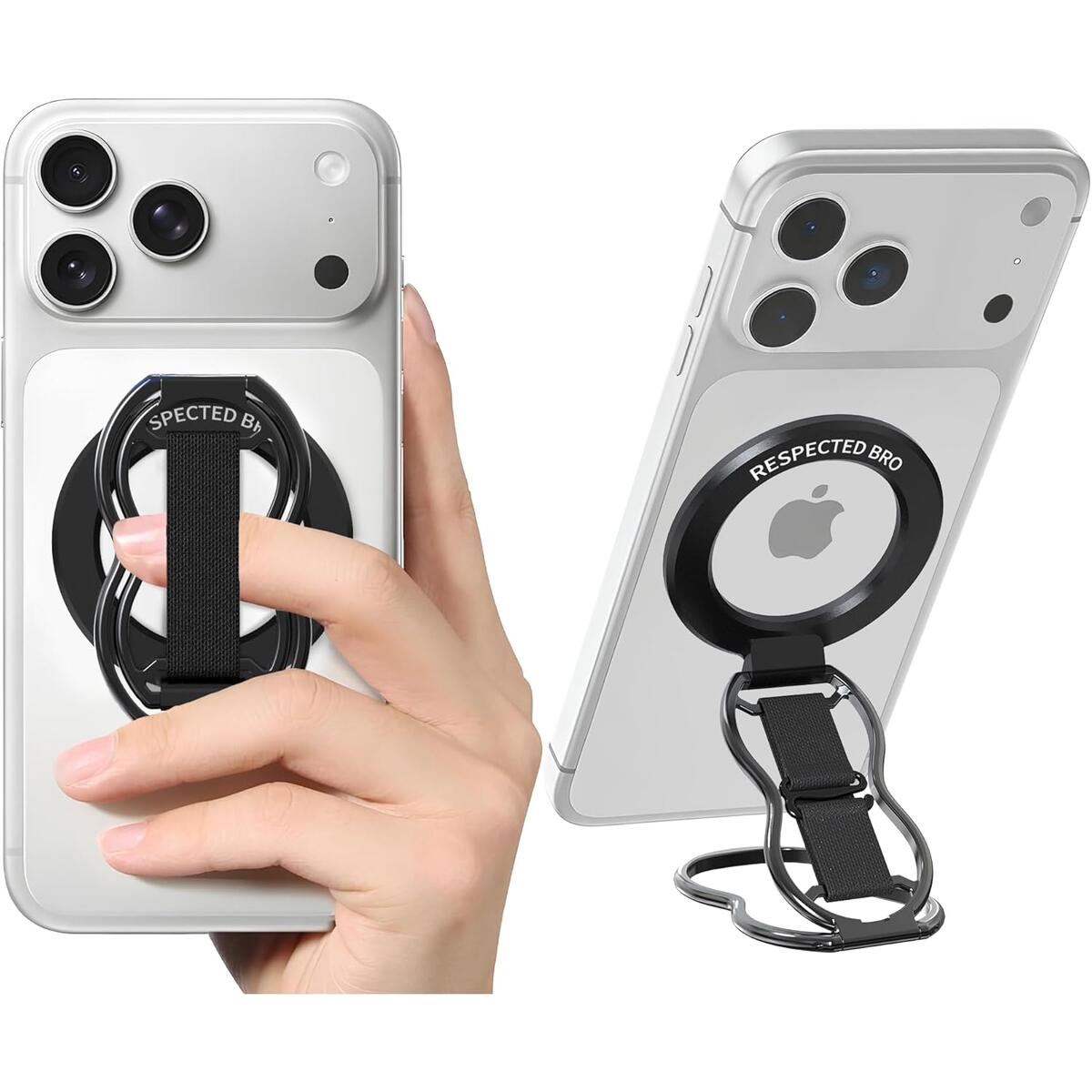 RESPECTED-BRO-Magnetic-Phone-Grip-Stand-with-Finger-Strap, 4-in-1 Magnetic Ring Holder, Kickstand and Elastic Strap for Phones, Universal Fit for iPhone 17/16/15/14/13/12, Android, and Cases (Black)