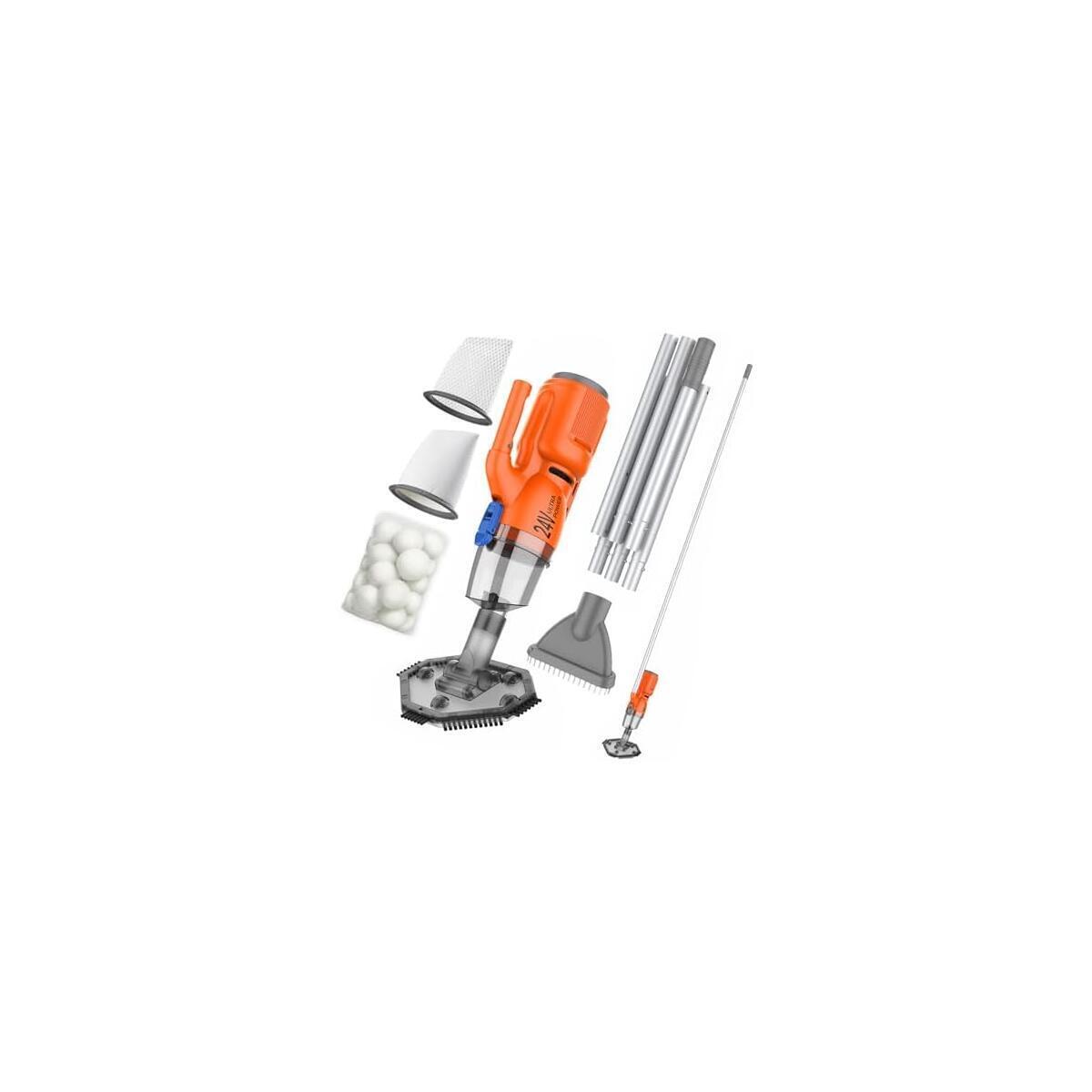 24V Cordless Handheld Pool Vacuum - 43,000Pa Hyper Suction, 3-Stage 3D Fiber Ball Micro-Filtration, Fine Filter, XL 0.3gal Canister, 7ft Pole & 2 Heads, For Inground & Above Ground Pools, Spas