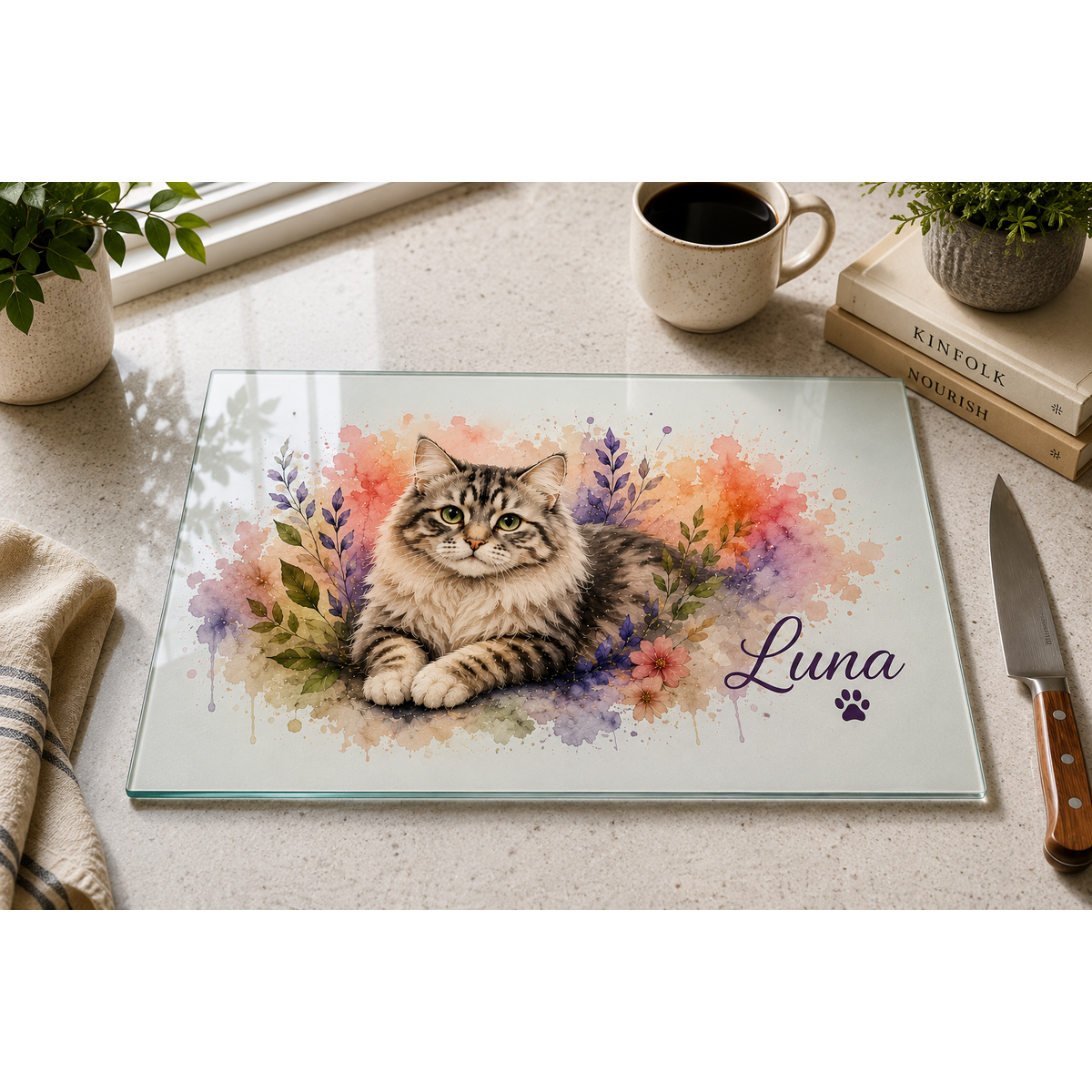 Personalized Pet Portrait Glass Cutting Board, Custom Watercolor Pet Memorial Gift, Dog Cat Photo Gift, Kitchen Decor, Pet Lover Owner Gift