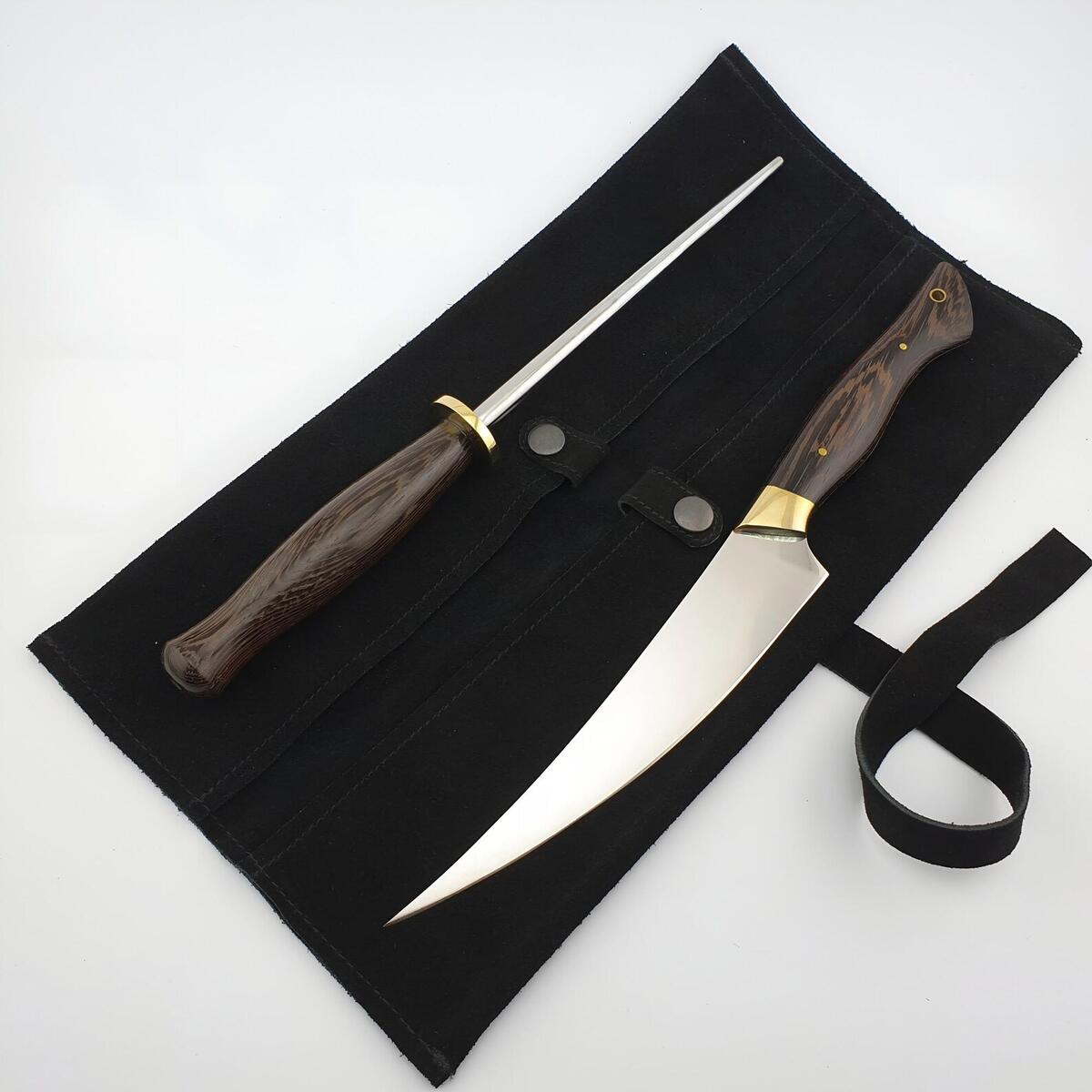 Hand Forged 440c Stainless Steel Fillet Knife Sharpening Rod Wenge Wood Handle Suede Cover