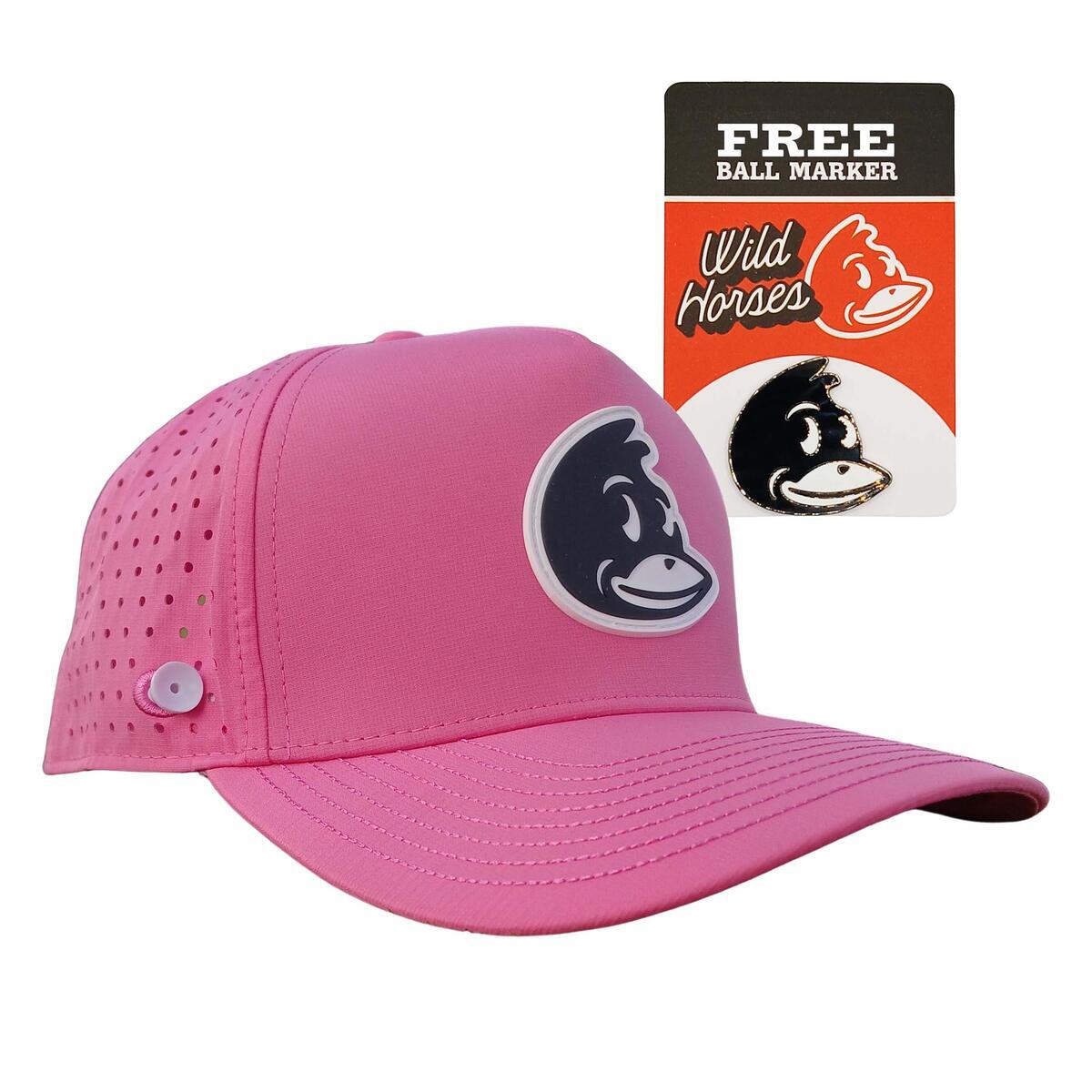 Wild Horses Performance Ladies Golf Hat w Built in Clip - Water Resistant - Integrated Tee Holder & Ball Marker Magnet - Lightweight Pink Golf Cap for Women and Girls