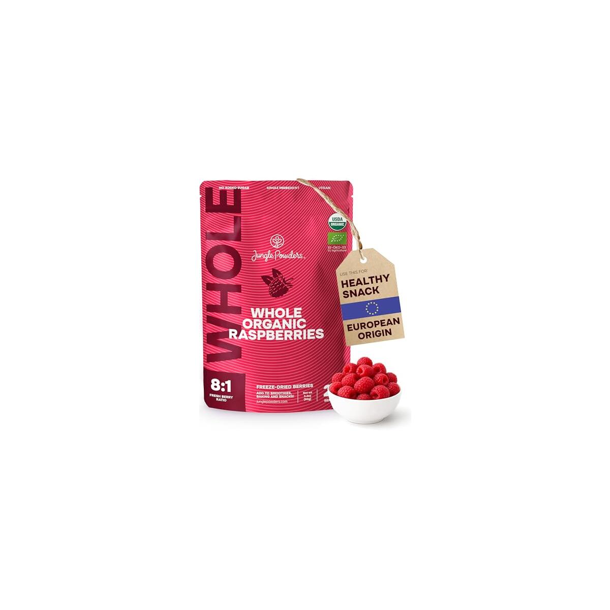 Jungle Powders Organic Whole Raspberries 3.2 Ounce Bag USDA Certified - Freeze Dried Red Raspberries, Crispy Unsweetened Snack, No Sugar Added, No Additives, Great for Yogurt Cereal Smoothies Baking