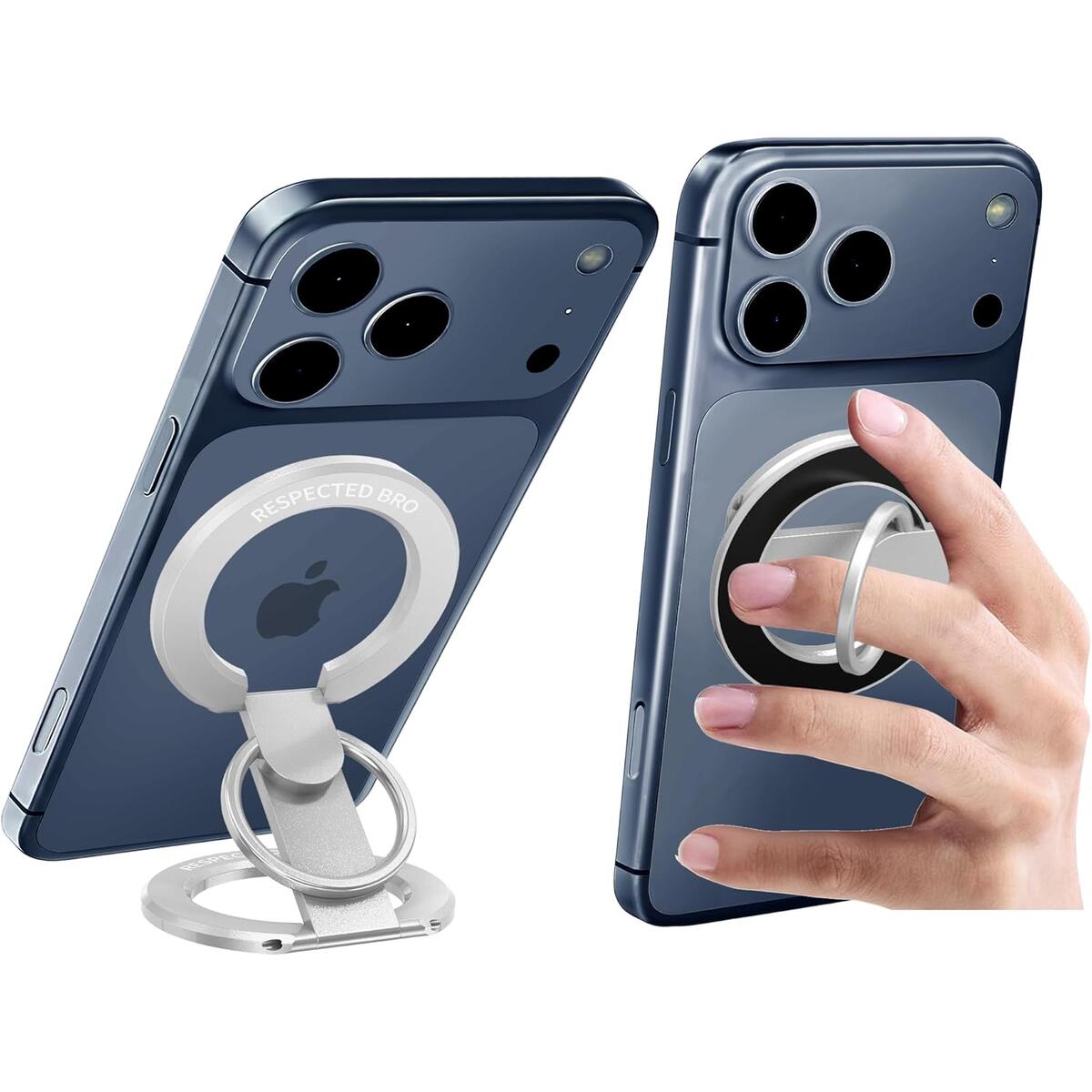 Magnetic-Phone-Ring-Holder with Dual Rings, Compatible with iPhone 17/16/15/14/13/12, Multifunctional Stand for Desk,Office,Gym,Kitchen & All Metal Surfaces, Finger Loop Grip (Silver)