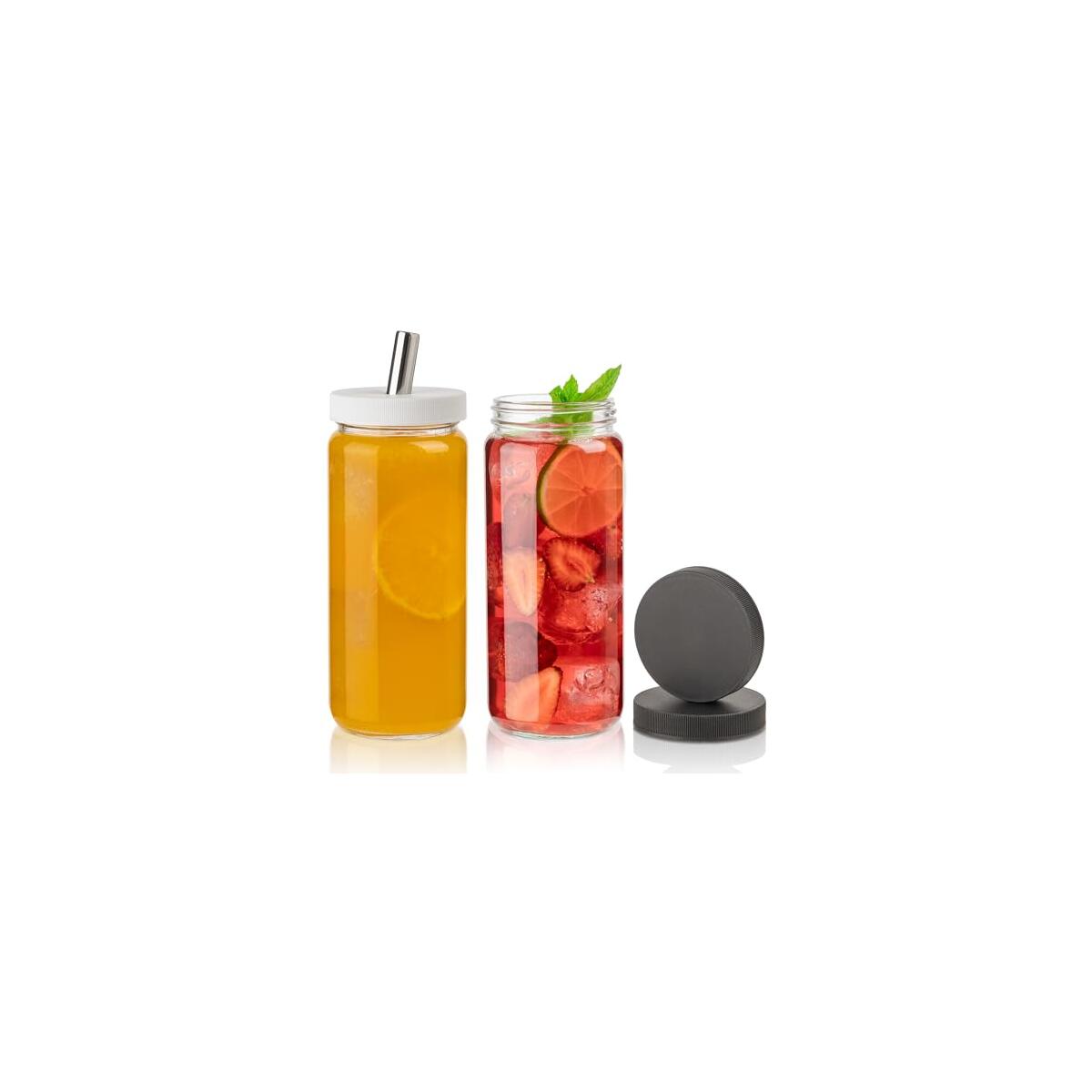 Glass Juice Bottles with Lids and Straws, 16 Oz - Set of 2 Reusable Clear Cups - For Drinking Smoothie, Iced Coffee, Juicing, Matcha, Water, Kombucha and More