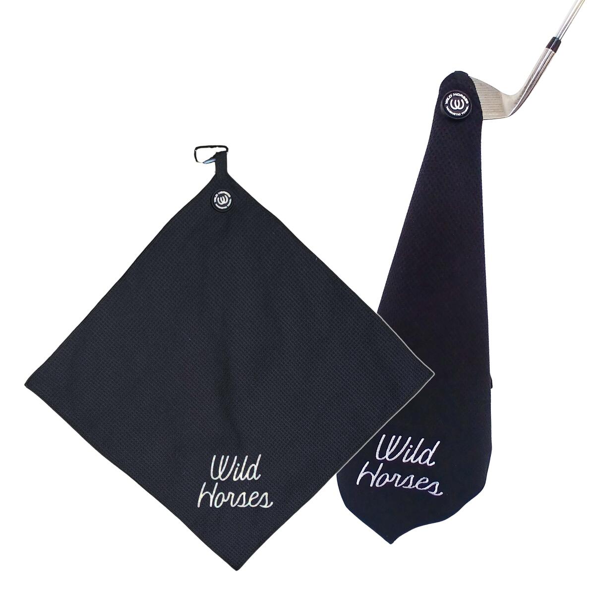 Wild Horses Magnetic Golf Towel - Black - Waffle Weave with Magnet and Carabiner