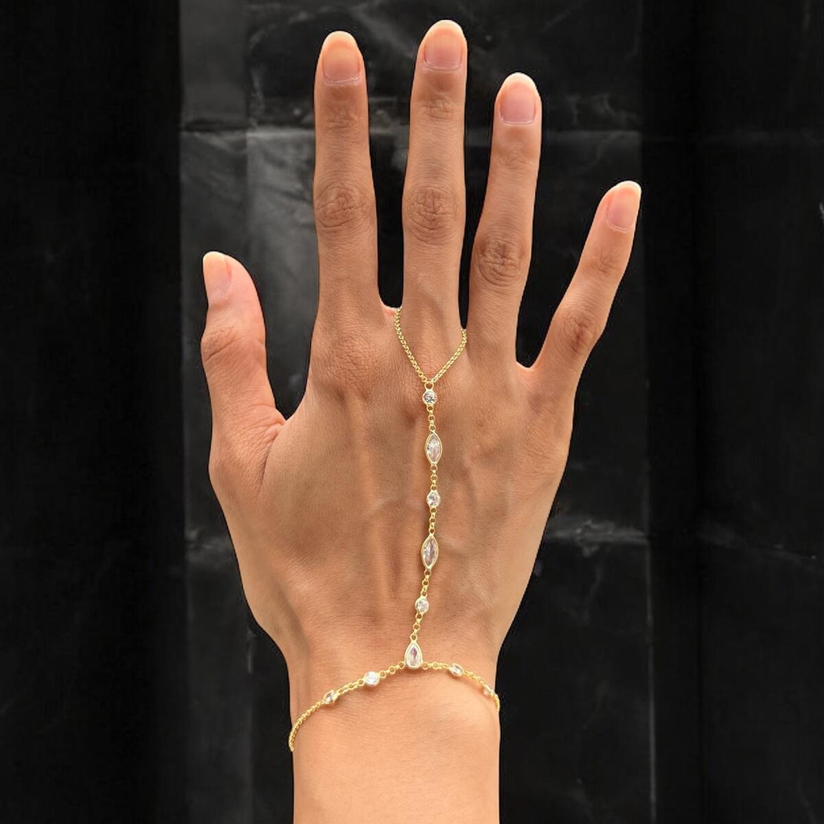Hand Chain Bracelet in 925 Sterling Silver &ndash; 14K Gold Plated Finger Bracelet with Cubic Zirconia