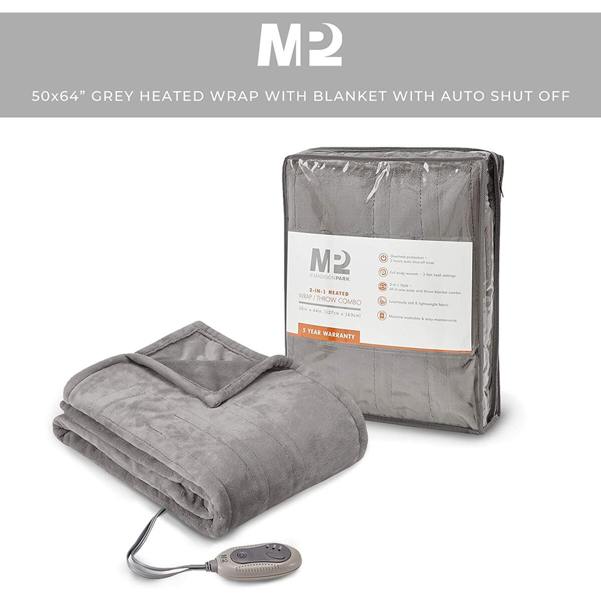 3 Heating Settings /& 2 Hours Auto Shut Off 50x 64 Grey MP2 Fleece Heated Blanket Wrap Shawl Wearable Electric Poncho Throw with Buttons