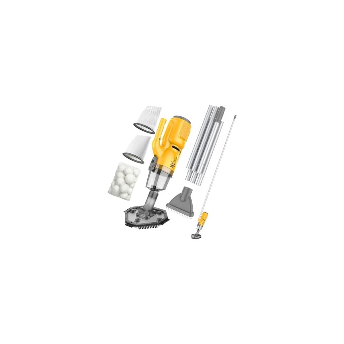 16V Cordless Handheld Pool Vacuum - 26,000Pa Hyper Suction, 3-Stage 3D Fiber Ball Micro-Filtration, Fine Filter, XL 0.3gal Canister, 7ft Pole & 2 Heads, for Inground & Above Ground Pools, Spas