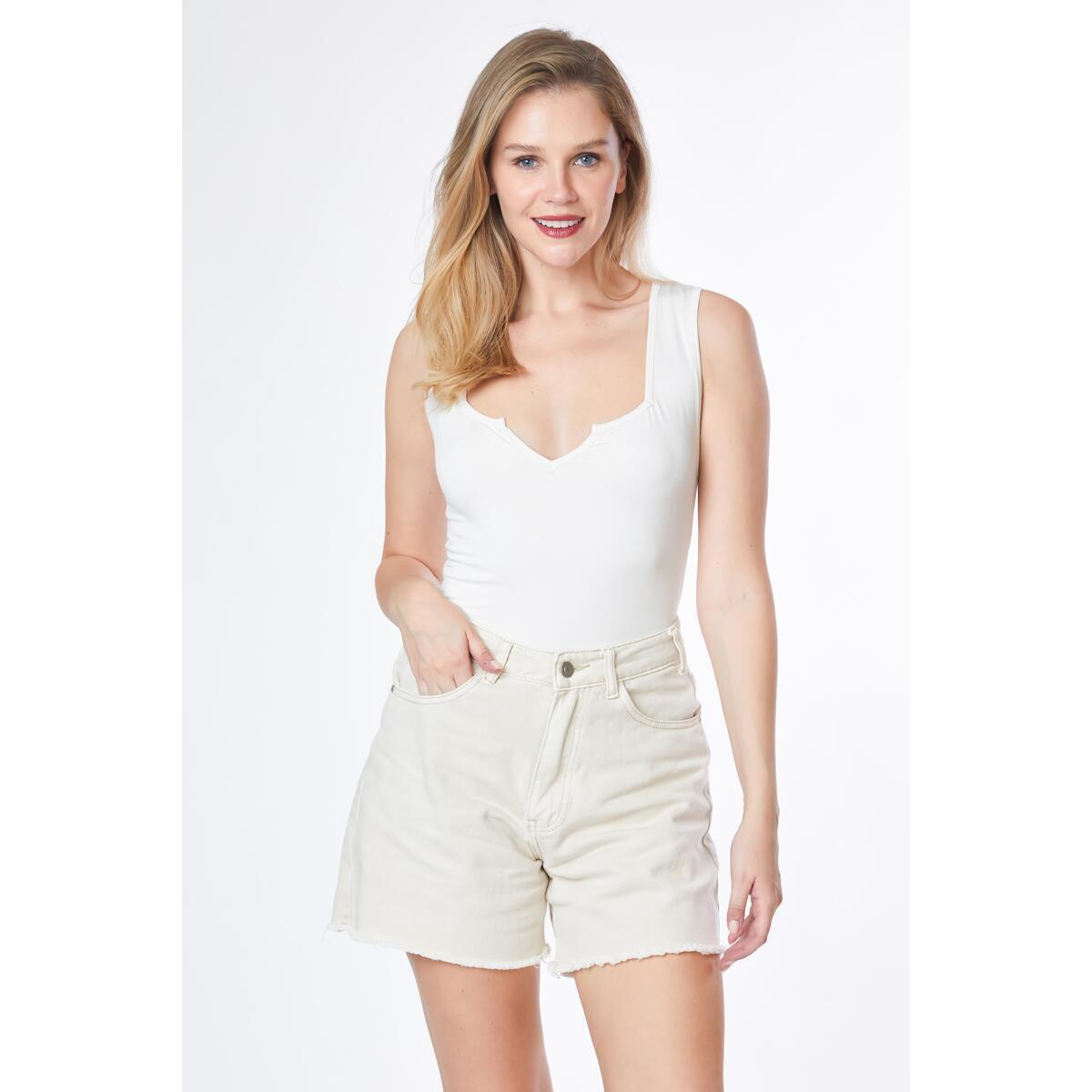 Women's Sleeveless V Cut Tank Bodysuit - White