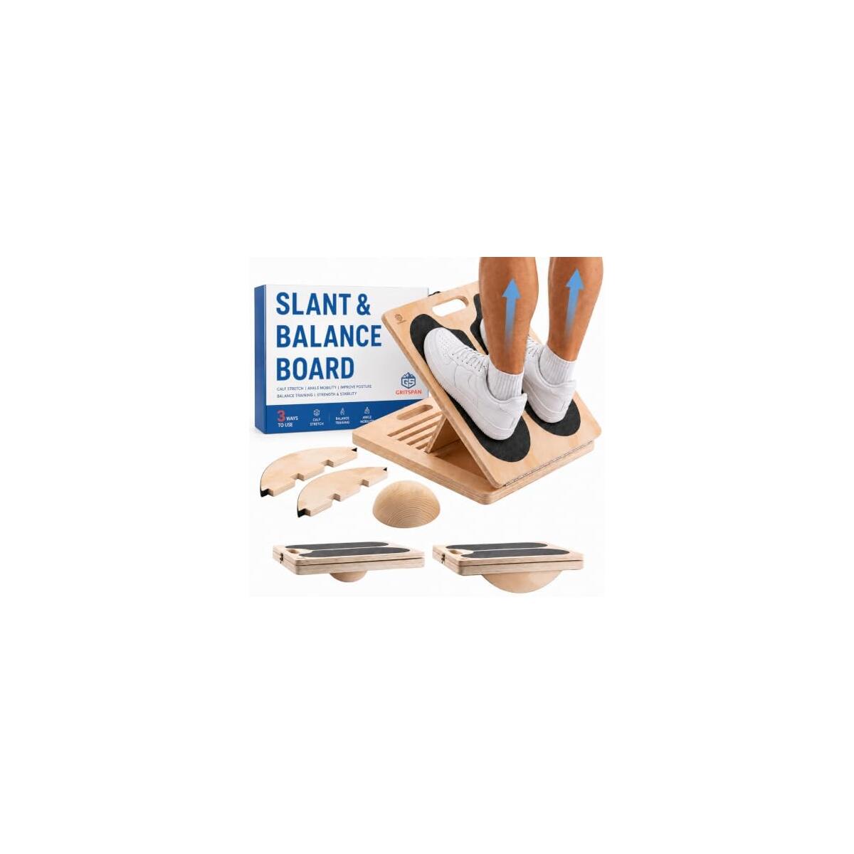 Slant Board for Exercise, 3-in-1 Wooden Calf Stretcher, Rocker Balance Board and 360&deg; Wobble Board, 5 Adjustable Angles, Anti-Slip Surface, Training Poster Included