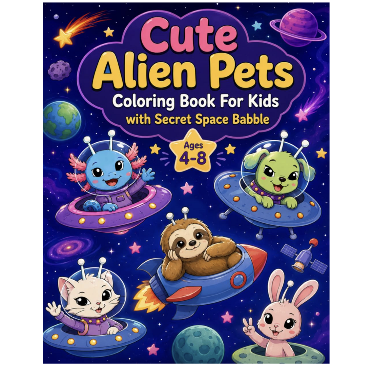 Cute Alien Pets Coloring Book for Kids Ages 4-8 with Secret Space Babble