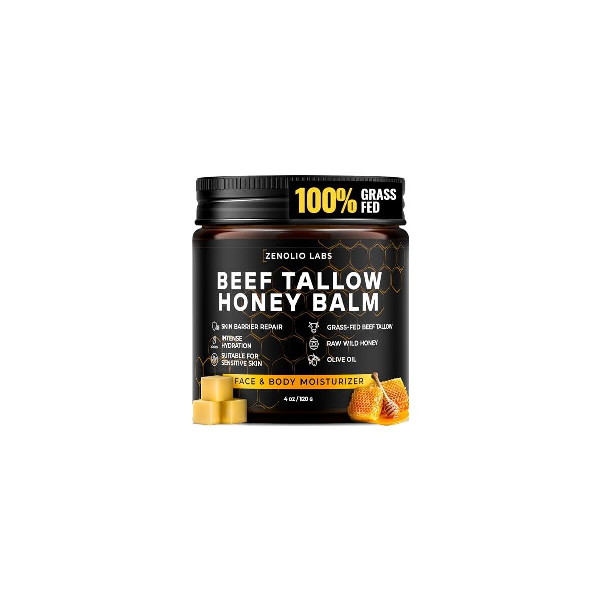 Organic Beef Tallow for Skin Face - Tallow and Honey Balm for Face - Whipped Grass-Fed Moisturizer with Raw Honey & Beeswax - Hydrating Body Cream for Dry, Cracked and Sensitive Skin