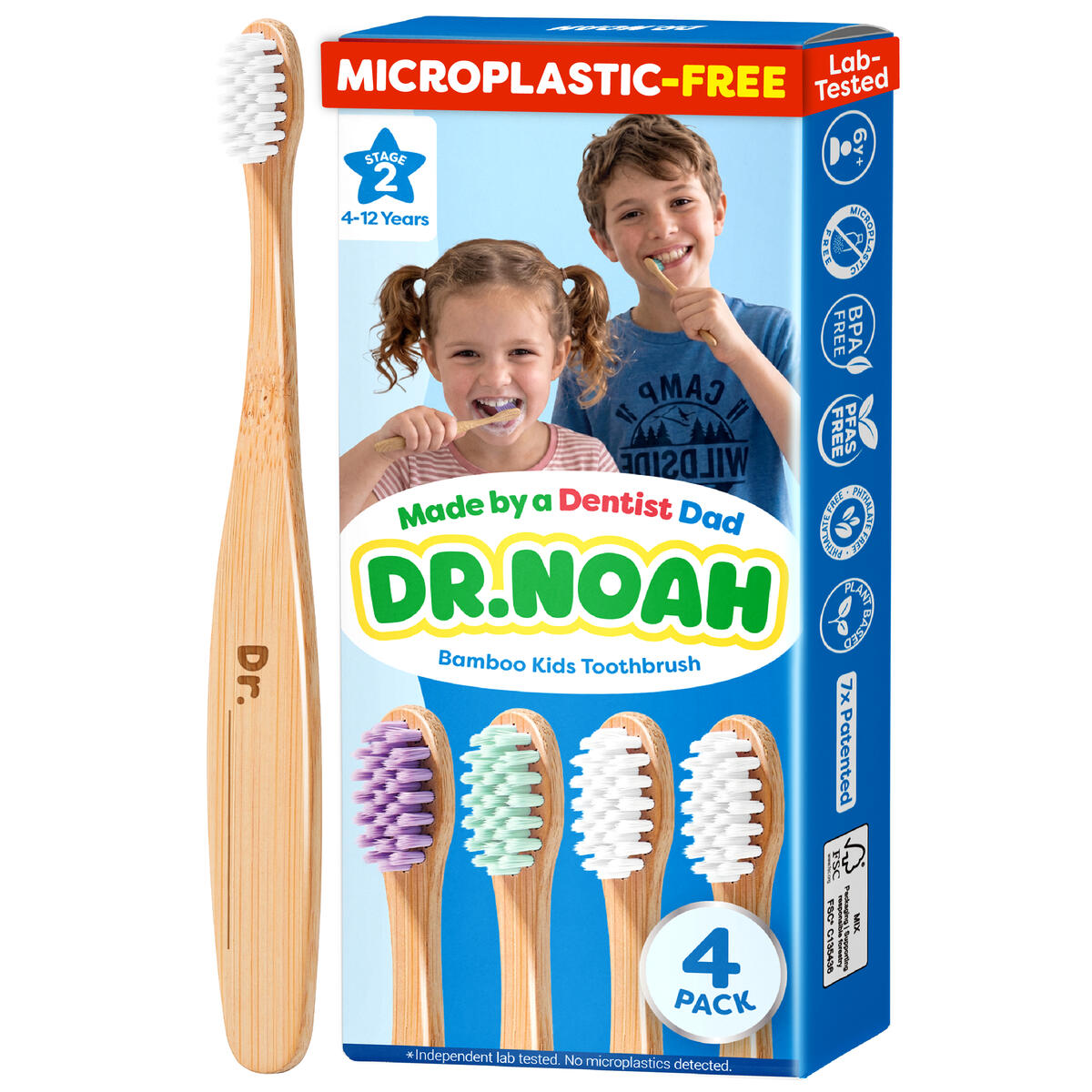 Dr. Noah Microplastic-Free Bamboo Kids Toothbrush | Dentist Designed | 656 Substances Safety Tested | Stage 2 (4 Pack)