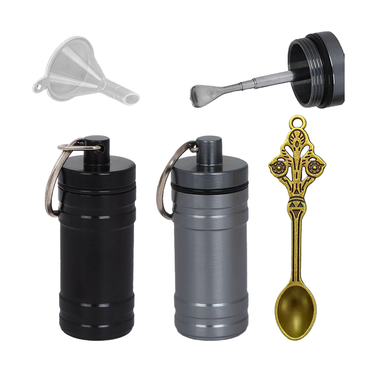 Spice Container with Spoon, Mini Metal Bottles with Key Ring, Portable Salt and Pepper Shaker, Small Seasoning Containers for Travel and Outdoor Camping