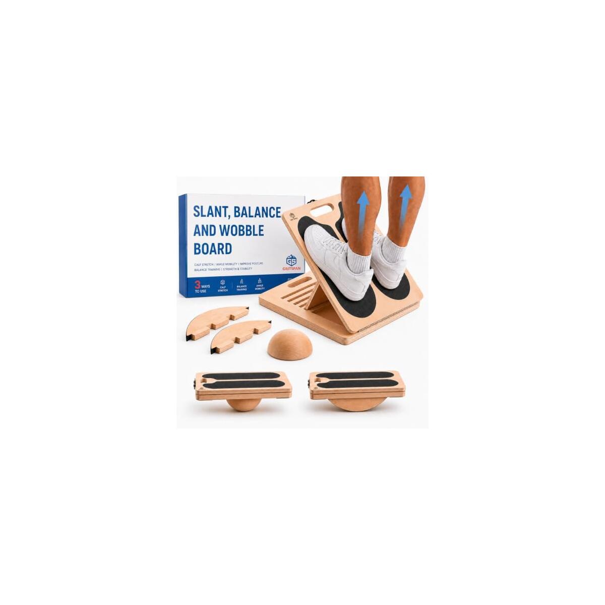 Slant Board for Exercise, 3-in-1 Wooden Calf Stretcher, Rocker Balance Board and 360&deg; Wobble Board, 5 Adjustable Angles, Anti-Slip Surface, Training Poster Included