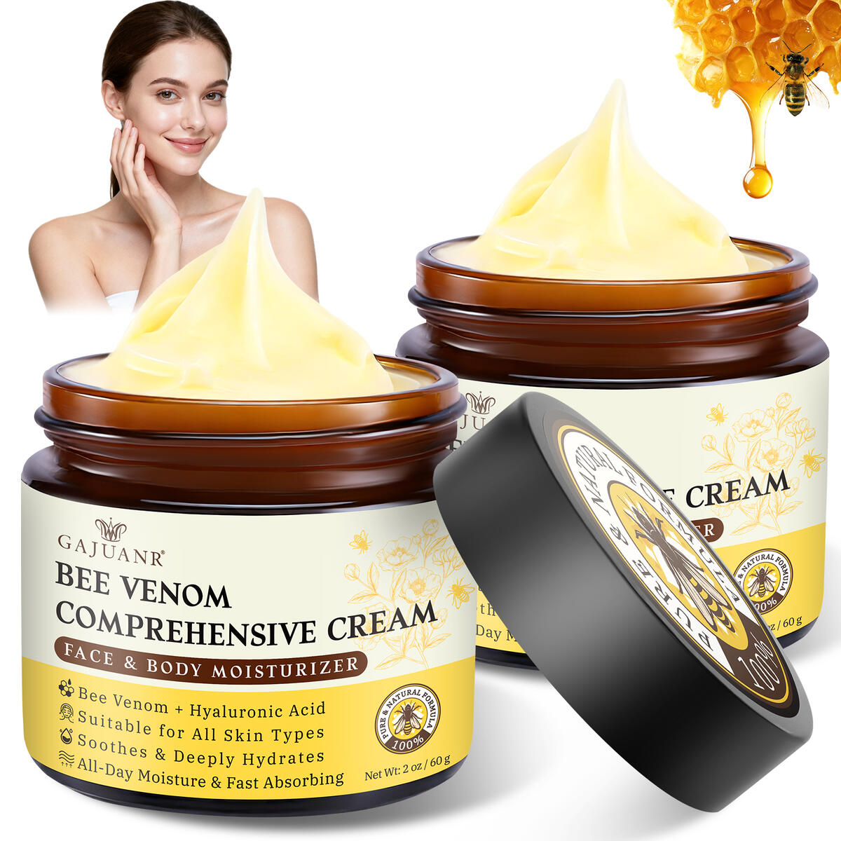 Bee Venom Moisturizing Cream (60g * 2PCS), All-in-One Nourishing Moisturizer with Hyaluronic Acid, Firming & Hydrating Face and Body Cream, Natural Gentle Formula for All Skin Types