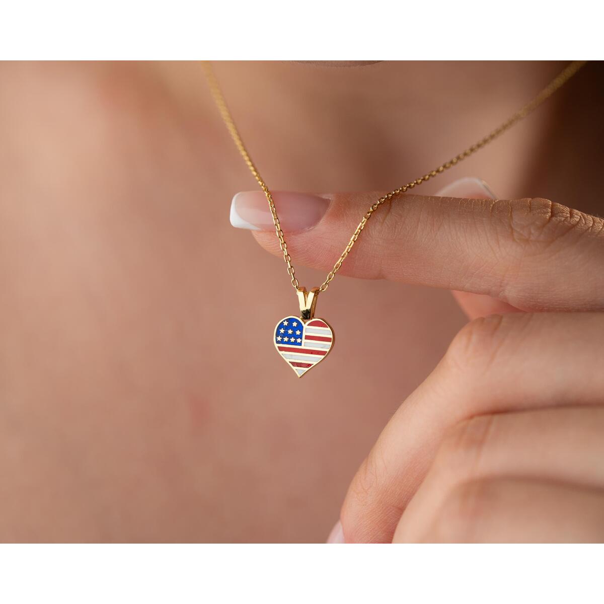USA Flag Heart Necklace, 925 Sterling Silver, Patriotic American Jewelry