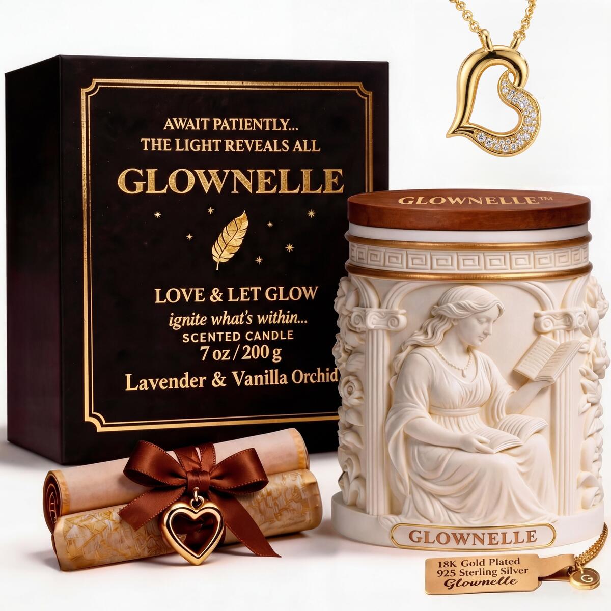 GLOWNELLE&trade; Luxury Scented Candle Gift Set for Women | Hidden 18K Gold-Plated Necklace Inside Natural Soy Wax Candle | Crackling Wood Wick & Poetic Scroll | Multiple Fragrances | 45H Burn | 60% OFF (35% Rebate + 25% Amazon Coupon)