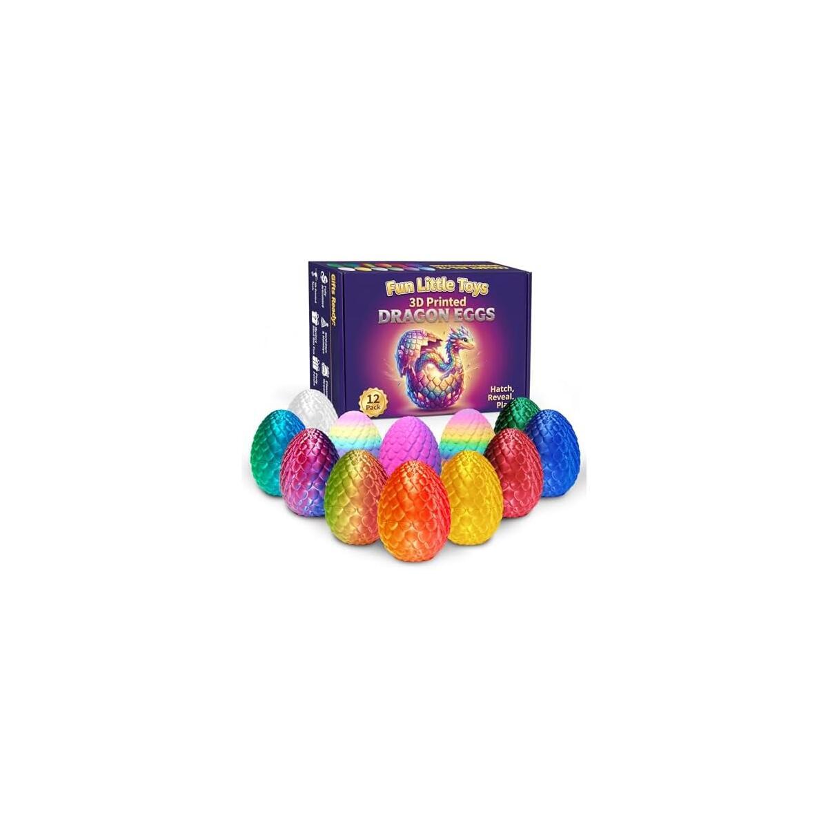 FUN LITTLE TOYS 12 Pack 3D Printed Dragon Eggs with Articulated Dragons, 12 No-Duplicate Colors, Non-Candy Easter Egg Hunt Fillers, Basket Stuffers, Party Favors & Classroom Prizes for Kids