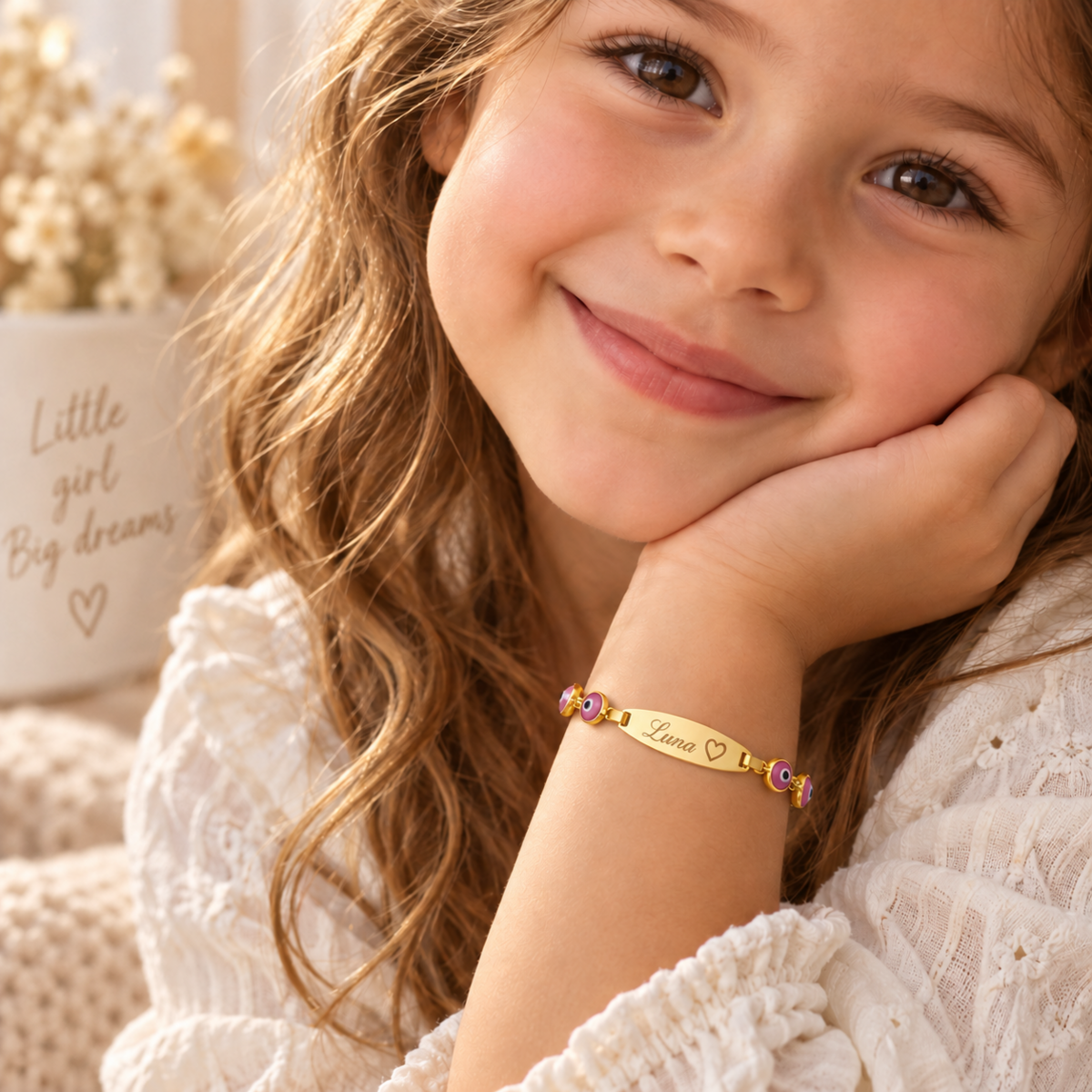 Personalized Kids Pink Evil Eye Bracelet, 14K Gold Plated Sterling Silver Nameplate