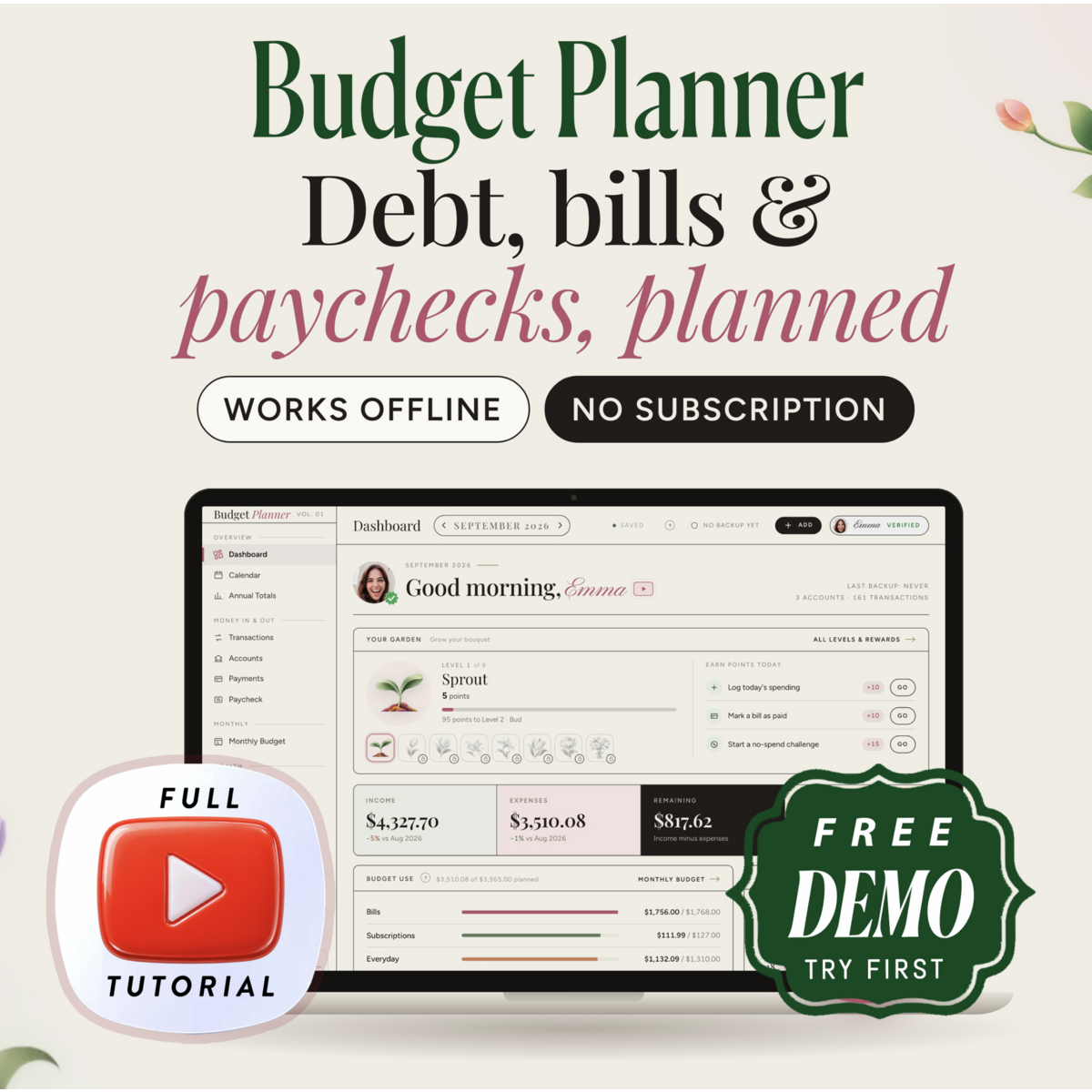 Budget Planner App, Spreadsheet Alternative, Debt Payoff , Bill Tracker, Monthly Budget, Paycheck, Offline, No Subscription