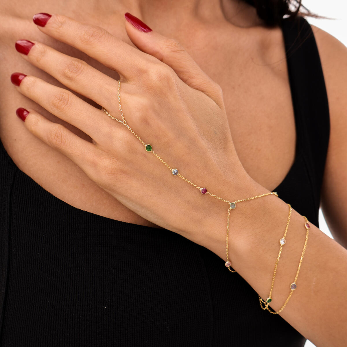 Dainty Hand Chain in 925 Sterling Silver with Multicolor CZ, Minimalist Finger Ring Bracelet, Adjustable Gold Plated Hand Jewelry for Women