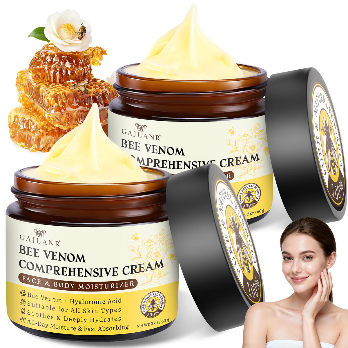 (PLEASE DON'T USE COUPON) Bee Venom Comprehensive Cream, Bee Venom Skin Treatment Cream, All-in-One Nourishing Treatment with Hyaluronic Acid, Lifting Firming Repair Moisturizer, Natural Gentle Formula for All Skin, 60g * 2PCS